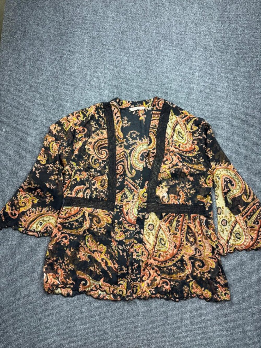 Soft Surroundings Black Sheer Paisley Kimono Open Cardigan Lace Trim 3/4 Sleeves